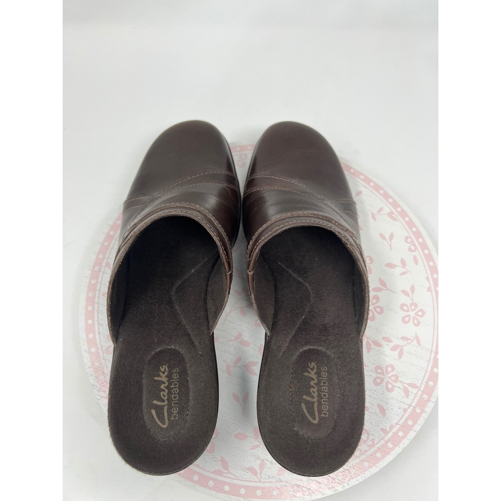 CLARKS Bendables Mules Women 9M Brown Leather Wedge Slide Stitch 62890 Cushioned - Picture 11 of 15